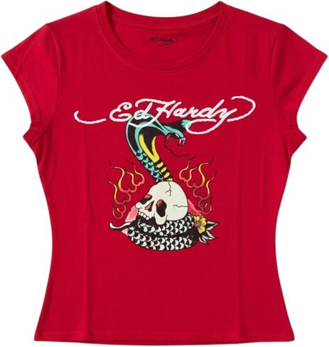 ED HARDY Women's Flame Cobra Cap Sleeve Fitted Tee in Cherry EHW1107-16 in Kuwait