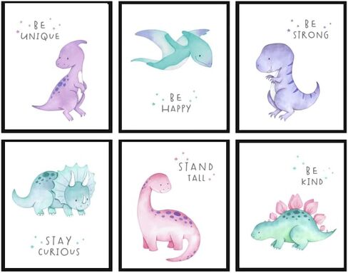 Zaiphany 8 "X10" لوحة فنية جدارية على شكل ديناصور لغرفة نوم الفتيات، ديكور غرفة الديناصورات الوردية للفتيات، ملصقات حائط على شكل ديناصور لديكور حضانة الأطفال البنات، غير مؤطرة in Kuwait