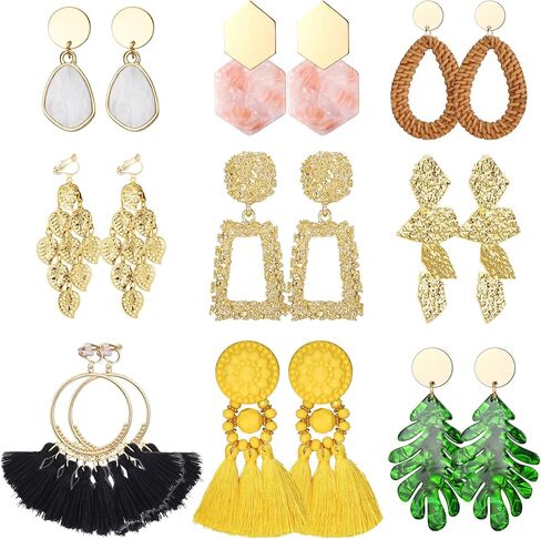JeryWe 9 Pairs Clip on Earrings for Women Fashion Rattan Acrylic Tassel Drop Dangle Earrings Set Lightweight Geometric Statement Bohemian Clip Earrings for Non Piercied in Kuwait