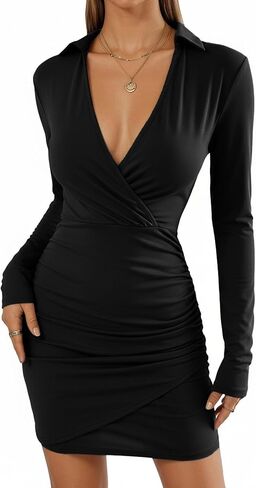 Women's Leopard Collar Deep V Neck Long Sleeve Bodycon Mini Club Dress in Kuwait