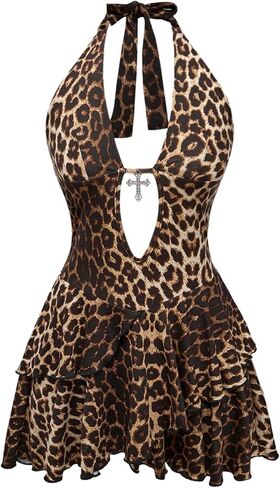 WDIRARA Women's Plus Size Leopard Halter Dress Tie Backless Layered Ruffle Mini Dress in Saudi Arabia