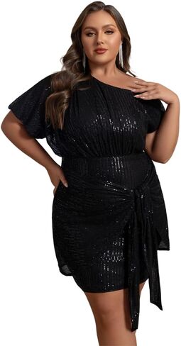 Women's Plus Asymmetrical Neck Off Shoulder Short Sleeve Mini Dress Sequin Party Dress in Saudi Arabia
