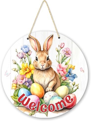 زينة باب عيد الفصح للمنزل، أكاليل عيد الفصح لديكور الباب الأمامي، لافتة تعليق خشبية دائرية لطيفة على شكل أرنب مقاس 12 بوصة لجدار نافذة المزرعة -A04 in Kuwait