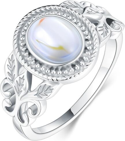 Silwan Moonstone Victorian Ring for Women, 925 Sterling Silver Rainbow Moon Stone Engagement Rings 6 * 8mm Oval Solitaire Vintage Leaf Ring Fine Jewelry Gifts for Her Mom in Kuwait