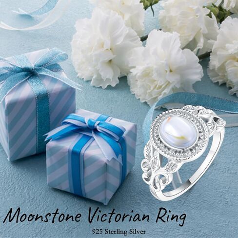 Silwan Moonstone Victorian Ring for Women, 925 Sterling Silver Rainbow Moon Stone Engagement Rings 6 * 8mm Oval Solitaire Vintage Leaf Ring Fine Jewelry Gifts for Her Mom in Kuwait