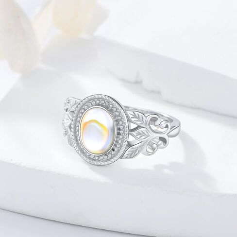 Silwan Moonstone Victorian Ring for Women, 925 Sterling Silver Rainbow Moon Stone Engagement Rings 6 * 8mm Oval Solitaire Vintage Leaf Ring Fine Jewelry Gifts for Her Mom in Kuwait