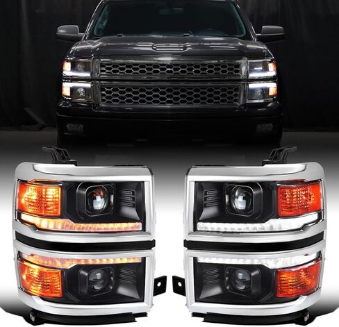 Ronnin - يناسب 2014-2015 Chevy Silverado 1500 المصابيح الأمامية لجهاز العرض المزدوج المحدثة LED إشارات الانعطاف المتسلسلة + زوج تجميع تأثير بدء التشغيل المتحرك | أسود | كروم تريم in Kuwait