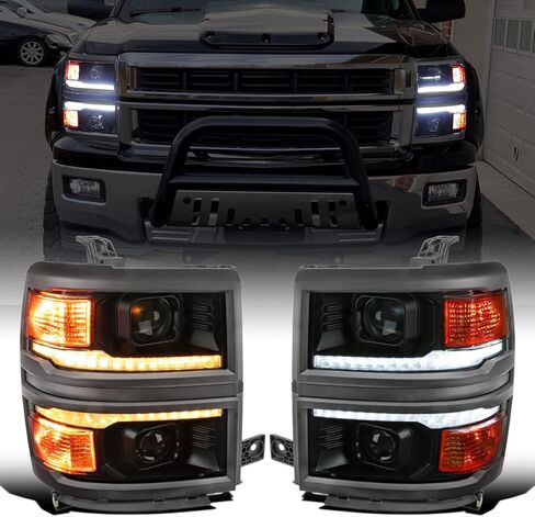 Ronnin - Fits 2014-2015 Chevy Silverado 1500 Upgraded Dual Projector Headlights LED Switchback Sequential Turn Signals + Animated Startup Effect Assembly Pair | Black | Chrome Trim in Saudi Arabia