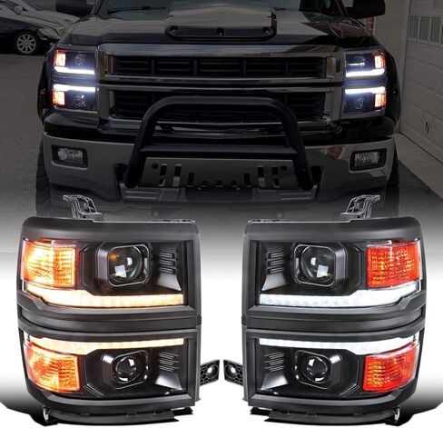 Ronnin - Fits 2014-2015 Chevy Silverado 1500 Upgraded Dual Projector Headlights LED Switchback Sequential Turn Signals + Animated Startup Effect Assembly Pair | Black | Chrome Trim in Saudi Arabia