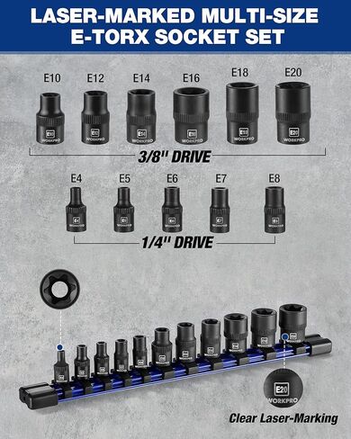 مجموعة مقابس توركس 11 قطعة من WORKPRO، مجموعة مقابس نجمة محرك 1/4 بوصة 3/8 بوصة، مجموعة مقابس توركس خارجية من الفولاذ CR-V (مقبس E4-E20) مع منظم مقبس PVC، مثالية للدراجات النارية والسيارات والإصلاح الميكانيكي in Kuwait