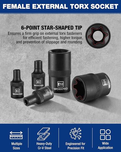مجموعة مقابس توركس 11 قطعة من WORKPRO، مجموعة مقابس نجمة محرك 1/4 بوصة 3/8 بوصة، مجموعة مقابس توركس خارجية من الفولاذ CR-V (مقبس E4-E20) مع منظم مقبس PVC، مثالية للدراجات النارية والسيارات والإصلاح الميكانيكي in Kuwait