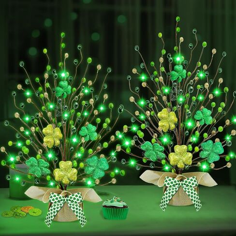 St. Patrick's Day Decorations, 2 Pack Lighted St. Patrick's Day Tree Tabletop with 20 Green Lights Battery Operated 18 Inch 6 Shamrocks 108 Berries Artificial Tree St. Patrick's Day Decor Home Party in Kuwait