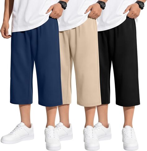 3 Pack Boys' Capri Pants Kids Baggy Below Knee 3/4 Pants Loose Summer Sweatpants Athletic Capri Shorts with Pockets in Kuwait