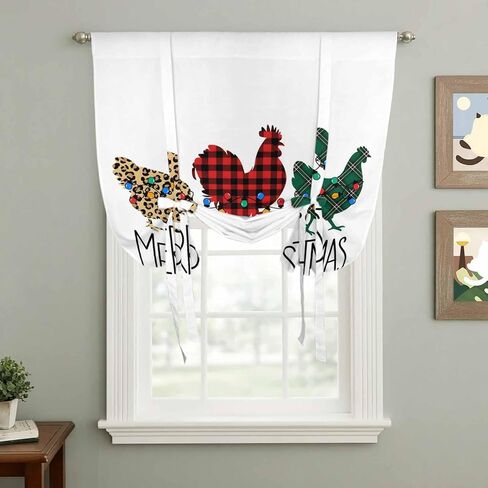 Merry Christmas Tie Up Curtains for Window, Farmhouse Colorful Chicken Classic Plaid Thermal Insulated Balloon Shade Adjustable Rod Pocket Curtains Valance Panels for Kitchen Bathroom Café 42'' x 54'' in Saudi Arabia