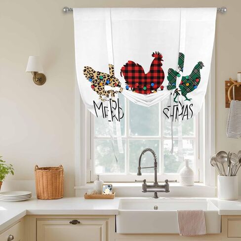 Merry Christmas Tie Up Curtains for Window, Farmhouse Colorful Chicken Classic Plaid Thermal Insulated Balloon Shade Adjustable Rod Pocket Curtains Valance Panels for Kitchen Bathroom Café 42'' x 54'' in Saudi Arabia