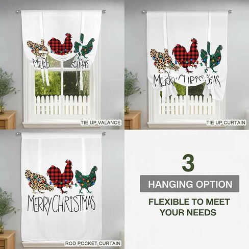 Merry Christmas Tie Up Curtains for Window, Farmhouse Colorful Chicken Classic Plaid Thermal Insulated Balloon Shade Adjustable Rod Pocket Curtains Valance Panels for Kitchen Bathroom Café 42'' x 54'' in Saudi Arabia