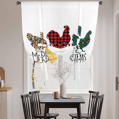 Merry Christmas Tie Up Curtains for Window, Farmhouse Colorful Chicken Classic Plaid Thermal Insulated Balloon Shade Adjustable Rod Pocket Curtains Valance Panels for Kitchen Bathroom Café 42'' x 54'' in Saudi Arabia