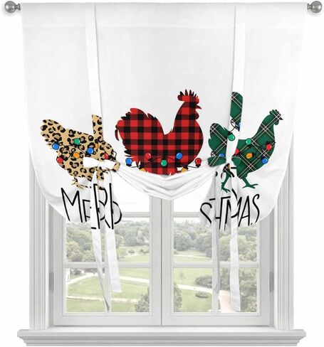 Merry Christmas Tie Up Curtains for Window, Farmhouse Colorful Chicken Classic Plaid Thermal Insulated Balloon Shade Adjustable Rod Pocket Curtains Valance Panels for Kitchen Bathroom Café 42'' x 54'' in Saudi Arabia