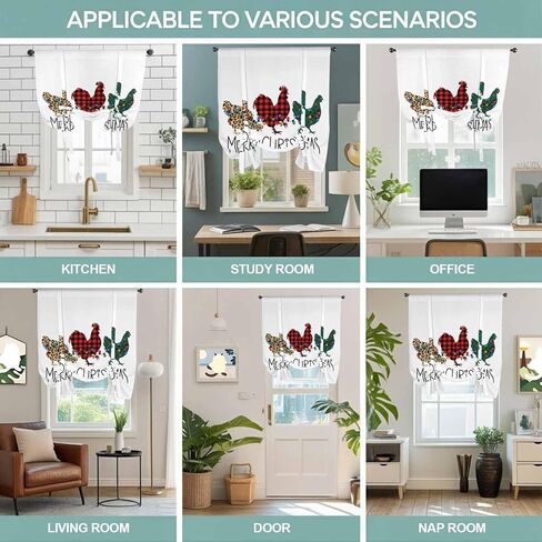 Merry Christmas Tie Up Curtains for Window, Farmhouse Colorful Chicken Classic Plaid Thermal Insulated Balloon Shade Adjustable Rod Pocket Curtains Valance Panels for Kitchen Bathroom Café 42'' x 54'' in Saudi Arabia