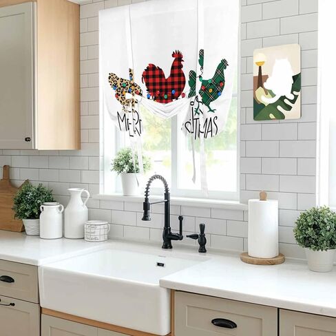 Merry Christmas Tie Up Curtains for Window, Farmhouse Colorful Chicken Classic Plaid Thermal Insulated Balloon Shade Adjustable Rod Pocket Curtains Valance Panels for Kitchen Bathroom Café 42'' x 54'' in Saudi Arabia