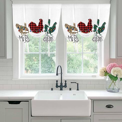Merry Christmas Tie Up Curtains for Window, Farmhouse Colorful Chicken Classic Plaid Thermal Insulated Balloon Shade Adjustable Rod Pocket Curtains Valance Panels for Kitchen Bathroom Café 42'' x 54'' in Saudi Arabia