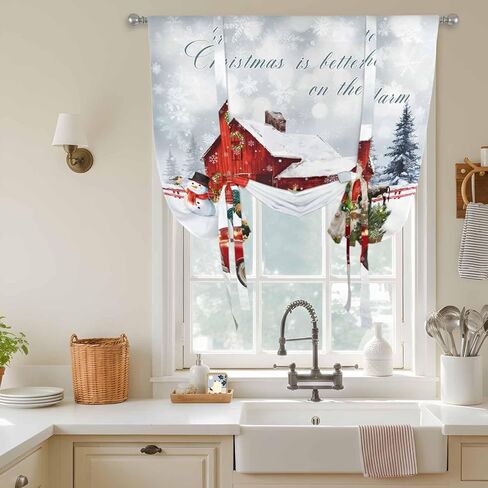 Farm Christmas Tie Up Curtains for Window, Xmas Tree Truck Animals Snowman Snowflakes Thermal Balloon Shade Adjustable Rod Pocket Curtains Valance Panels for Kitchen Bathroom Café 42'' x 54'' in Saudi Arabia