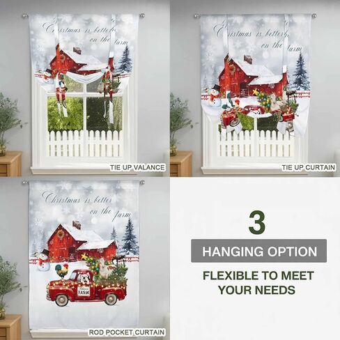 Farm Christmas Tie Up Curtains for Window, Xmas Tree Truck Animals Snowman Snowflakes Thermal Balloon Shade Adjustable Rod Pocket Curtains Valance Panels for Kitchen Bathroom Café 42'' x 54'' in Saudi Arabia