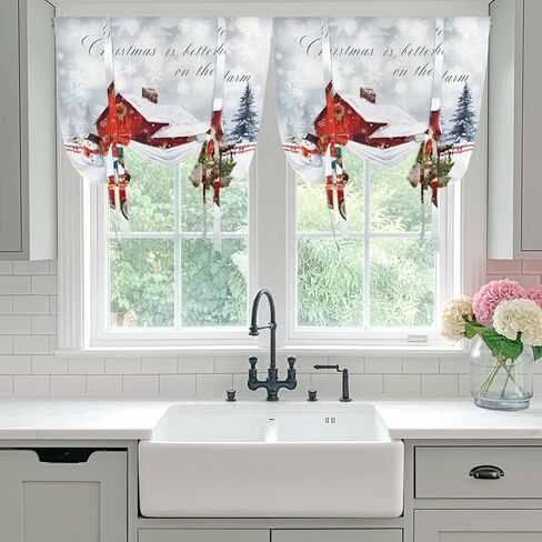 Farm Christmas Tie Up Curtains for Window, Xmas Tree Truck Animals Snowman Snowflakes Thermal Balloon Shade Adjustable Rod Pocket Curtains Valance Panels for Kitchen Bathroom Café 42'' x 54'' in Saudi Arabia