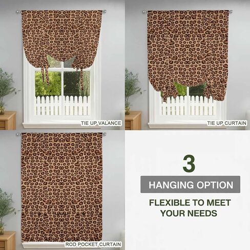 Brown Beige Tie Up Curtains for Window, Leopard Stripes Modern Art Thermal Insulated Balloon Shade Adjustable Rod Pocket Curtains Valance Panels for Kitchen Bathroom Café 42'' x 63'' in Saudi Arabia