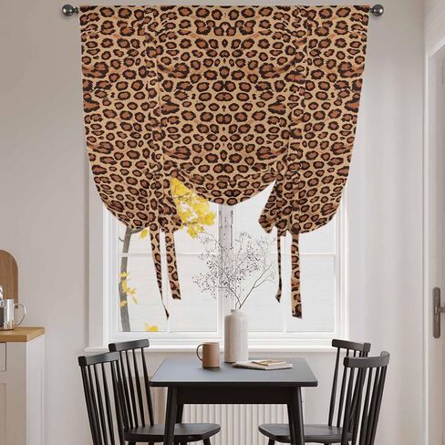 Brown Beige Tie Up Curtains for Window, Leopard Stripes Modern Art Thermal Insulated Balloon Shade Adjustable Rod Pocket Curtains Valance Panels for Kitchen Bathroom Café 42'' x 63'' in Saudi Arabia