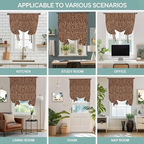 Brown Beige Tie Up Curtains for Window, Leopard Stripes Modern Art Thermal Insulated Balloon Shade Adjustable Rod Pocket Curtains Valance Panels for Kitchen Bathroom Café 42'' x 63'' in Saudi Arabia
