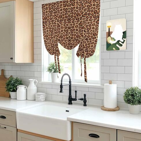 Brown Beige Tie Up Curtains for Window, Leopard Stripes Modern Art Thermal Insulated Balloon Shade Adjustable Rod Pocket Curtains Valance Panels for Kitchen Bathroom Café 42'' x 63'' in Saudi Arabia