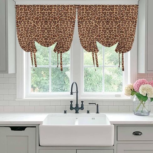 Brown Beige Tie Up Curtains for Window, Leopard Stripes Modern Art Thermal Insulated Balloon Shade Adjustable Rod Pocket Curtains Valance Panels for Kitchen Bathroom Café 42'' x 63'' in Saudi Arabia