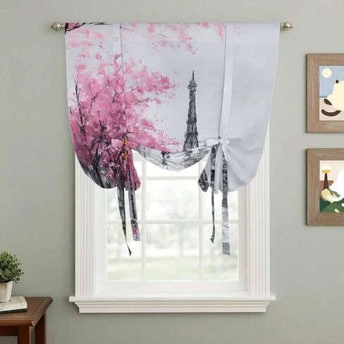 Valentine's Day Tie Up Curtains for Window, Romantic Couples Flowers Rainy Pink Thermal Insulated Balloon Shade Adjustable Rod Pocket Curtains Valance Panels for Kitchen Bathroom Café 52'' x 63'' in Saudi Arabia