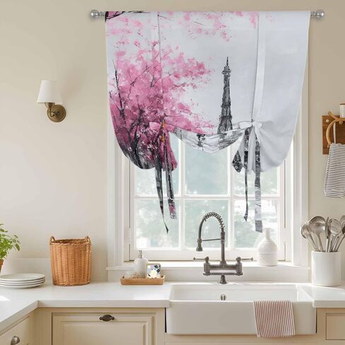 Valentine's Day Tie Up Curtains for Window, Romantic Couples Flowers Rainy Pink Thermal Insulated Balloon Shade Adjustable Rod Pocket Curtains Valance Panels for Kitchen Bathroom Café 52'' x 63'' in Saudi Arabia