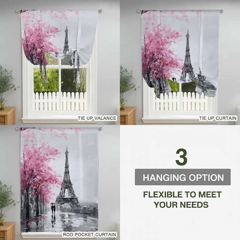 Valentine's Day Tie Up Curtains for Window, Romantic Couples Flowers Rainy Pink Thermal Insulated Balloon Shade Adjustable Rod Pocket Curtains Valance Panels for Kitchen Bathroom Café 52'' x 63'' in Saudi Arabia