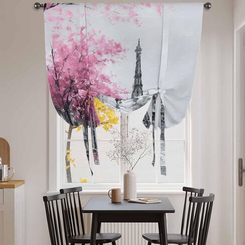Valentine's Day Tie Up Curtains for Window, Romantic Couples Flowers Rainy Pink Thermal Insulated Balloon Shade Adjustable Rod Pocket Curtains Valance Panels for Kitchen Bathroom Café 52'' x 63'' in Saudi Arabia