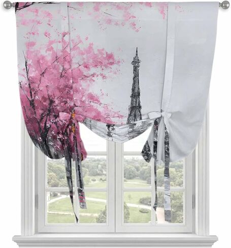 Valentine's Day Tie Up Curtains for Window, Romantic Couples Flowers Rainy Pink Thermal Insulated Balloon Shade Adjustable Rod Pocket Curtains Valance Panels for Kitchen Bathroom Café 52'' x 63'' in Saudi Arabia