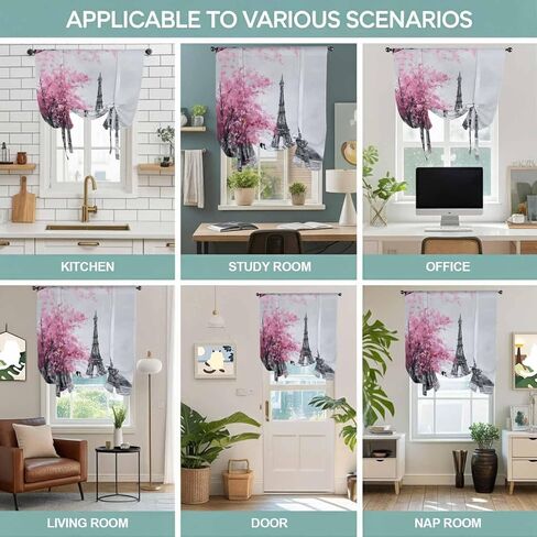 Valentine's Day Tie Up Curtains for Window, Romantic Couples Flowers Rainy Pink Thermal Insulated Balloon Shade Adjustable Rod Pocket Curtains Valance Panels for Kitchen Bathroom Café 52'' x 63'' in Saudi Arabia