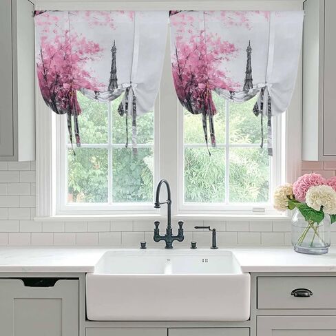 Valentine's Day Tie Up Curtains for Window, Romantic Couples Flowers Rainy Pink Thermal Insulated Balloon Shade Adjustable Rod Pocket Curtains Valance Panels for Kitchen Bathroom Café 52'' x 63'' in Saudi Arabia