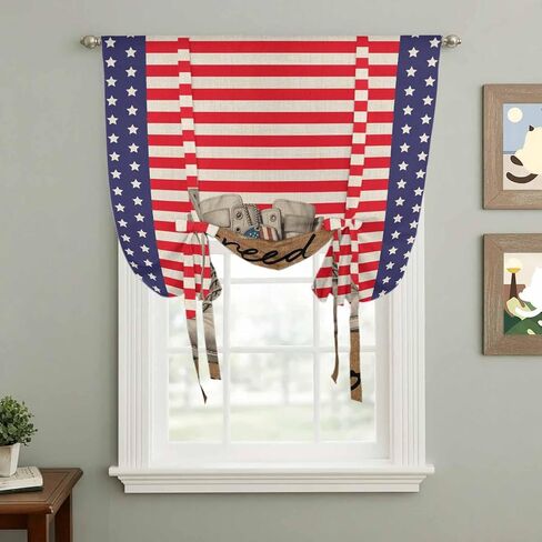 Independence Day Tie Up Curtains for Window, Red Stripes US Flag Vintage Boots Thermal Insulated Balloon Shade Adjustable Rod Pocket Curtains Valance Panels for Kitchen Bathroom Café 52'' x 63'' in Saudi Arabia