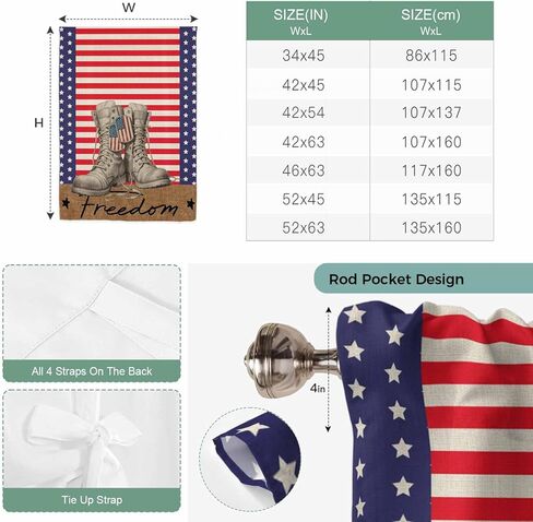 Independence Day Tie Up Curtains for Window, Red Stripes US Flag Vintage Boots Thermal Insulated Balloon Shade Adjustable Rod Pocket Curtains Valance Panels for Kitchen Bathroom Café 52'' x 63'' in Saudi Arabia