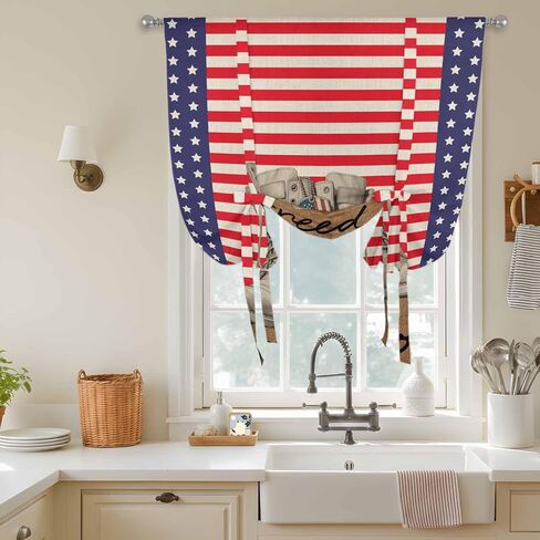 Independence Day Tie Up Curtains for Window, Red Stripes US Flag Vintage Boots Thermal Insulated Balloon Shade Adjustable Rod Pocket Curtains Valance Panels for Kitchen Bathroom Café 52'' x 63'' in Saudi Arabia