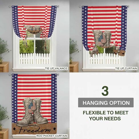 Independence Day Tie Up Curtains for Window, Red Stripes US Flag Vintage Boots Thermal Insulated Balloon Shade Adjustable Rod Pocket Curtains Valance Panels for Kitchen Bathroom Café 52'' x 63'' in Saudi Arabia