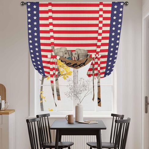 Independence Day Tie Up Curtains for Window, Red Stripes US Flag Vintage Boots Thermal Insulated Balloon Shade Adjustable Rod Pocket Curtains Valance Panels for Kitchen Bathroom Café 52'' x 63'' in Saudi Arabia