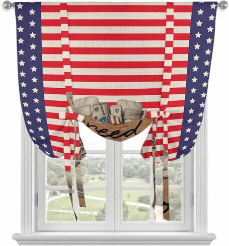 Independence Day Tie Up Curtains for Window, Red Stripes US Flag Vintage Boots Thermal Insulated Balloon Shade Adjustable Rod Pocket Curtains Valance Panels for Kitchen Bathroom Café 52'' x 63'' in Saudi Arabia