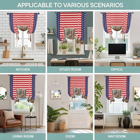 Independence Day Tie Up Curtains for Window, Red Stripes US Flag Vintage Boots Thermal Insulated Balloon Shade Adjustable Rod Pocket Curtains Valance Panels for Kitchen Bathroom Café 52'' x 63'' in Saudi Arabia