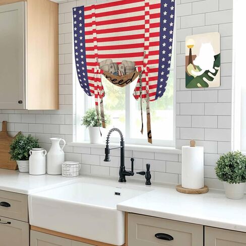 Independence Day Tie Up Curtains for Window, Red Stripes US Flag Vintage Boots Thermal Insulated Balloon Shade Adjustable Rod Pocket Curtains Valance Panels for Kitchen Bathroom Café 52'' x 63'' in Saudi Arabia