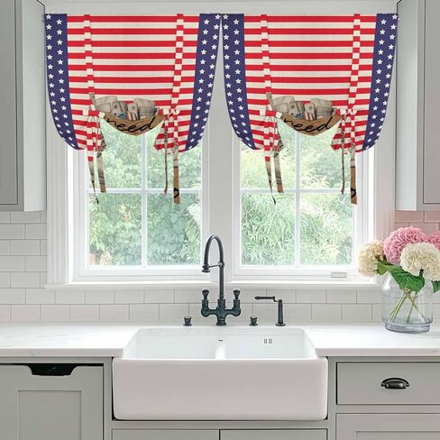 Independence Day Tie Up Curtains for Window, Red Stripes US Flag Vintage Boots Thermal Insulated Balloon Shade Adjustable Rod Pocket Curtains Valance Panels for Kitchen Bathroom Café 52'' x 63'' in Saudi Arabia
