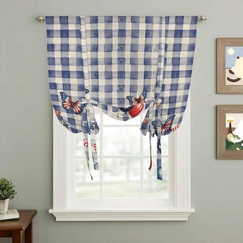 Independence Day Tie Up Curtains for Window, Flag Balloons Butterflies Blue Plaid Thermal Insulated Balloon Shade Adjustable Rod Pocket Curtains Valance Panels for Kitchen Bathroom Café 46'' x 63'' in Saudi Arabia